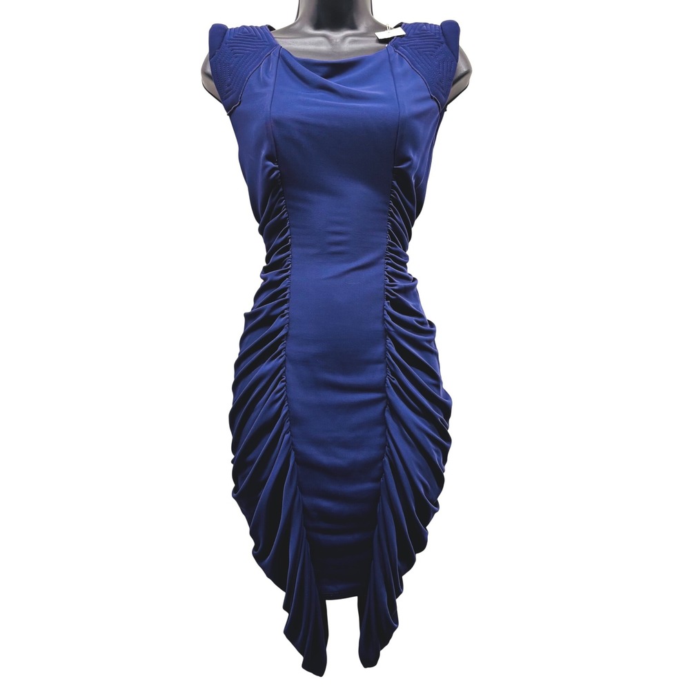 NWT BCBGMAXAZRIA Runway Freesia Blue Ruched Quilted Shoulder Dress S EZA6I917